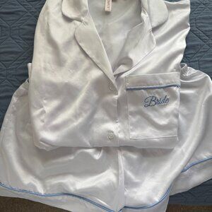 Bride Satin Pajama Set – White with Blue Trim